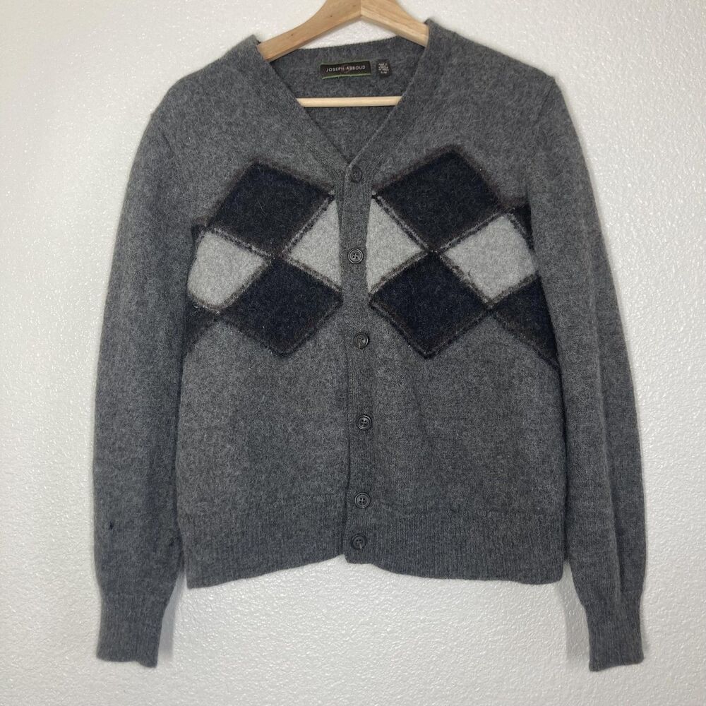 Joseph Abboud Sweater womens  Large Gray Baby Alpaca Argyle Cardigan Button Knit